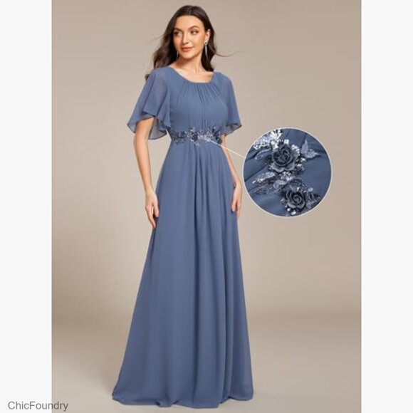 Floor Length Formal Dress with Chiffon Fabric and Floral Appliques - Picture 5 of 7